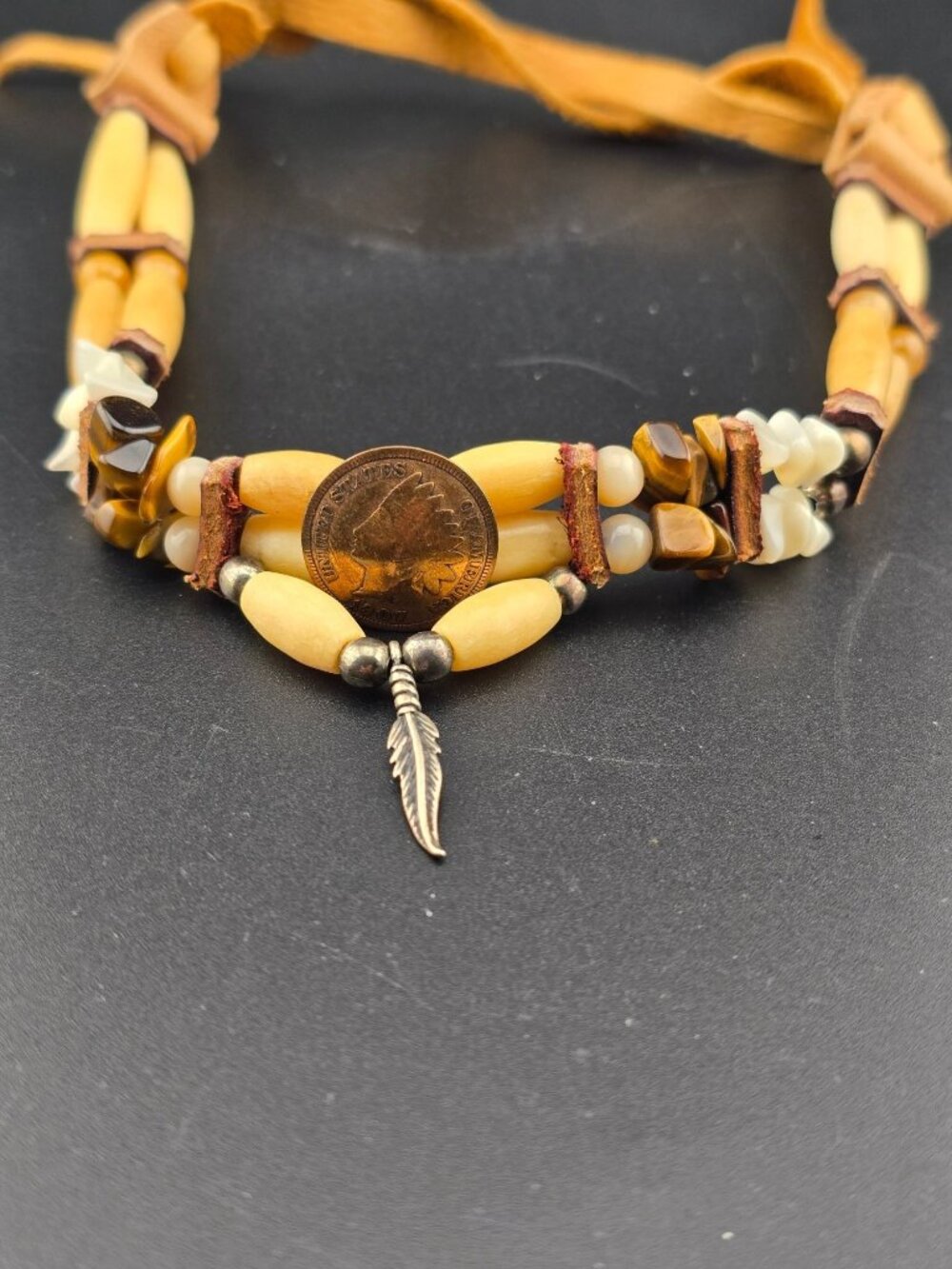Tribal Necklace Indian Head Penny Stone Beads Adjustable Leather Strap 24"